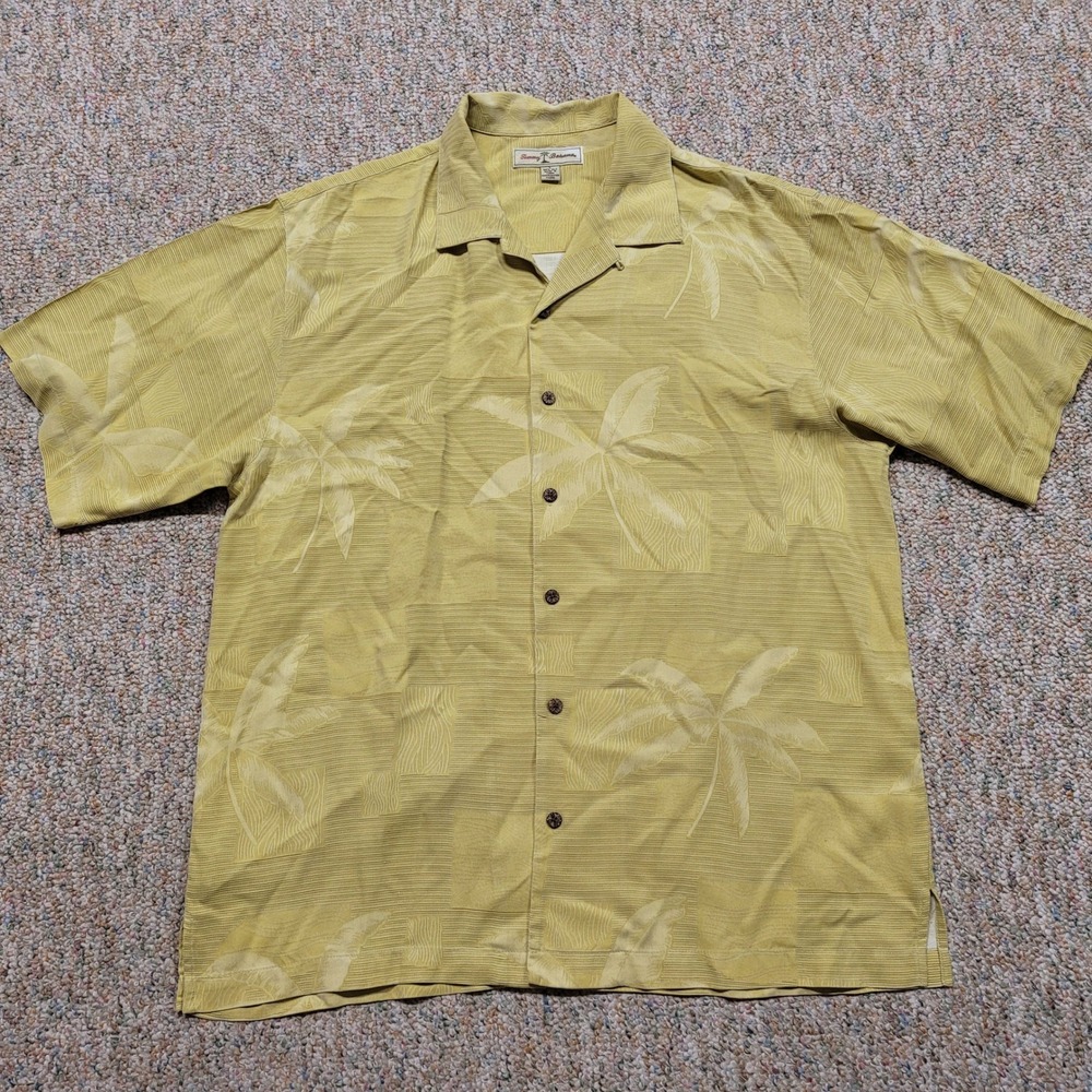 Tommy Bahama Silk Camp Shirt Men Large Yellow Palm Tree Jacquard Aloha Button Up